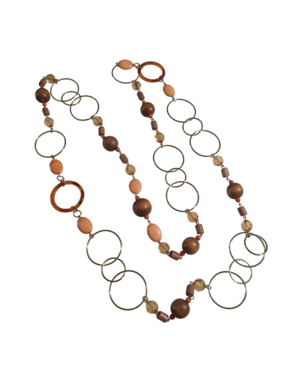 Beaded Goldtone Open Circle 53 Inch Necklace Brown Peach Acrylic Wood Beads Gift
